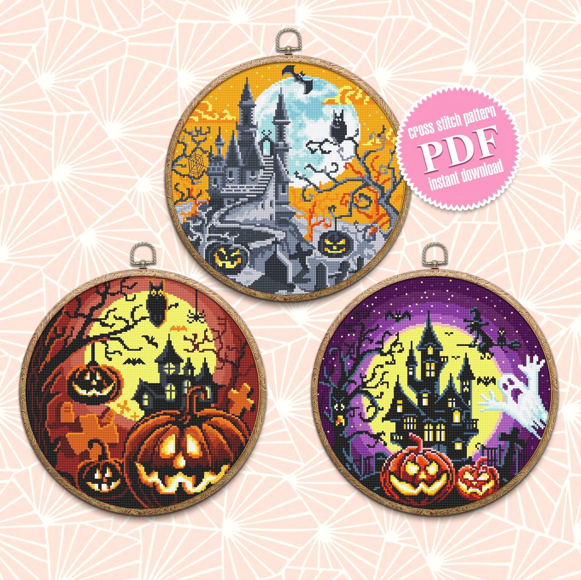 Set Halloween Cross Stitch Pattern Download PDF Haunted House Cross ...