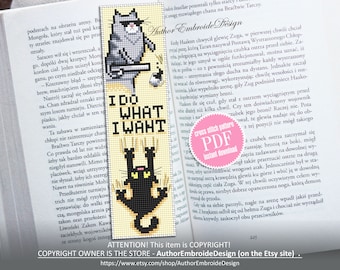 Cat bookmark cross stitch pattern download PDF Black cat cross stitch chart, Funny bookmark digital pattern PDF, Cat quotes embroidery #B322