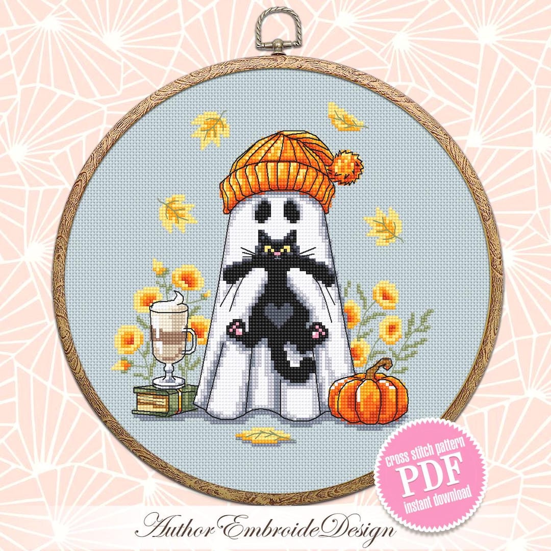 Ghost With Black Cat Cross Stitch Pattern PDF Download Cute Ghost Cross ...
