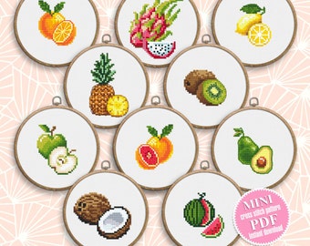 Mini fruit cross stitch pattern PDF download Set of 10 fruits cross stitch chart, Small fruit pattern digital PDF, Kitchen decor #F18