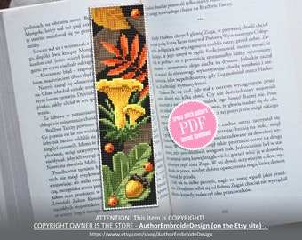 Mushroom bookmark cross stitch pattern PDF download Chanterelle mushroom cross stitch chart, Digital bookmark pattern, Fall embroidery #B162