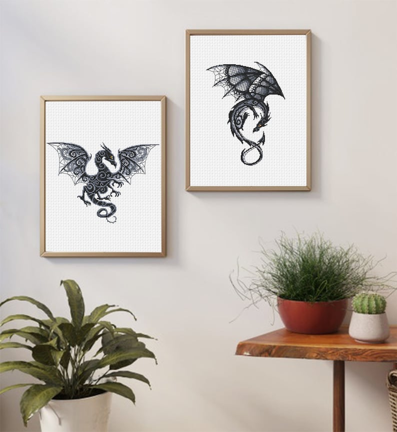 Dragon set cross stitch pattern download PDF Fantasy animal cross stitch chart, Dragon embroidery PDF, Blackwork patterns, Dragon art D13 image 4