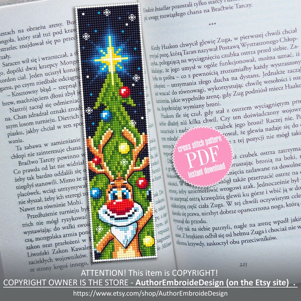 Christmas bookmark cross stitch pattern download PDF Handmade bookmark deer xstitch chart Christmas tree cross stitch gifts New Year #B41