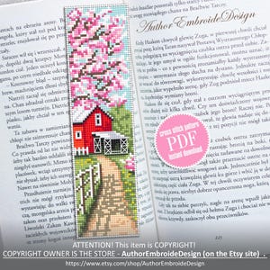 Spring bookmark cross stitch pattern PDF download Cherry blossom tree cross stitch chart, Nature bookmark pattern digital PDF Red barn #B469