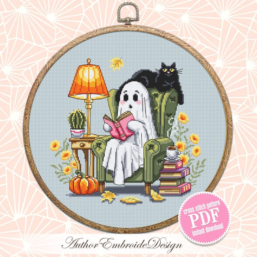 Reading Ghost With Black Cat Cross Stitch Pattern PDF Download Cute ...