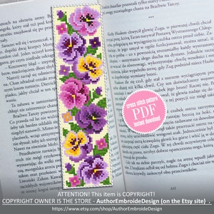 Flower bookmark cross stitch pattern PDF download Handmade bookmark digital PDF, Spring floral cross stitch chart Violet Pansy pattern #B207