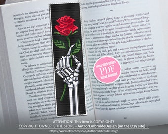 Gothic bookmark cross stitch pattern Skeleton hand cross stitch chart, Rose flower embroidery, Handmade bookmark Instant download PDF #B104