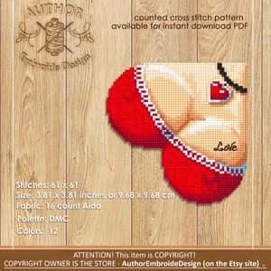 Heart Corner bookmark cross stitch pattern PDF download, Boobs cross stitch chart, Valentine bookmark digital PDF, Funny bookmark tits B248 image 2