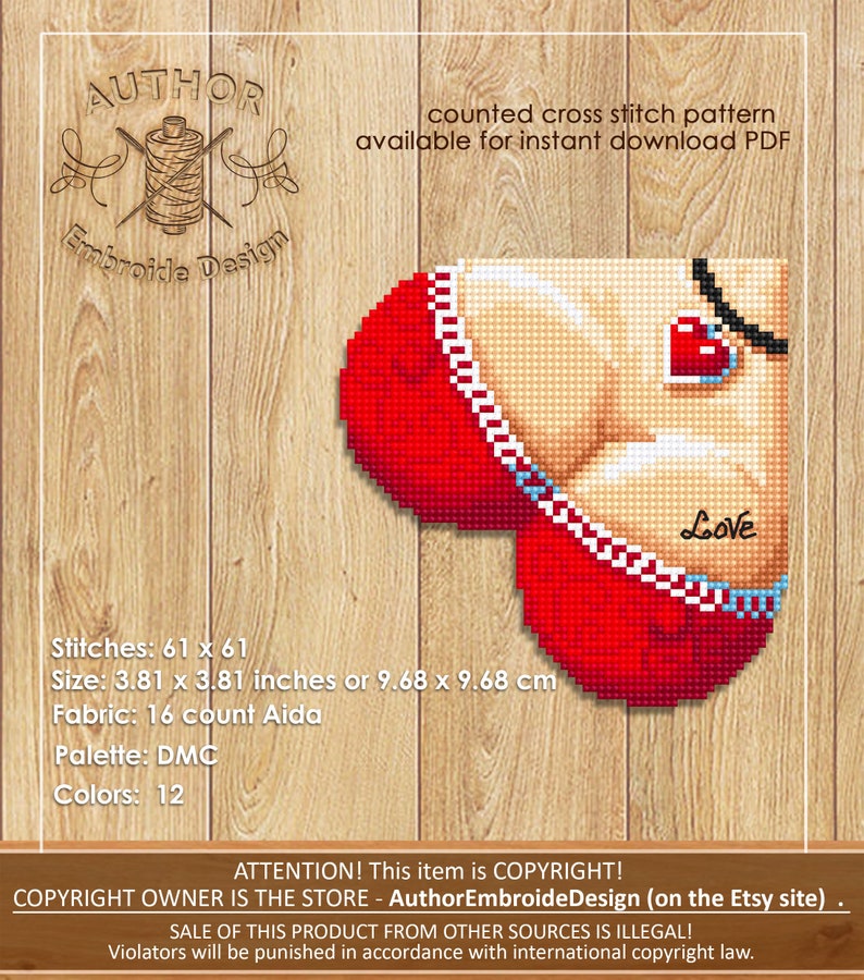Heart Corner bookmark cross stitch pattern PDF download, Boobs cross stitch chart, Valentine bookmark digital PDF, Funny bookmark tits B248 image 2