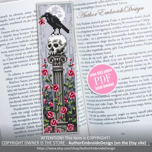 Gothic bookmark cross stitch pattern PDF download Crow on skull cross stitch chart, Bookmark pattern digital PDF, Gothic rose flowers #B478