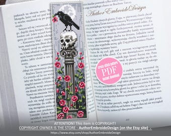 Gothic bookmark cross stitch pattern PDF download Crow on skull cross stitch chart, Bookmark pattern digital PDF, Gothic rose flowers #B478