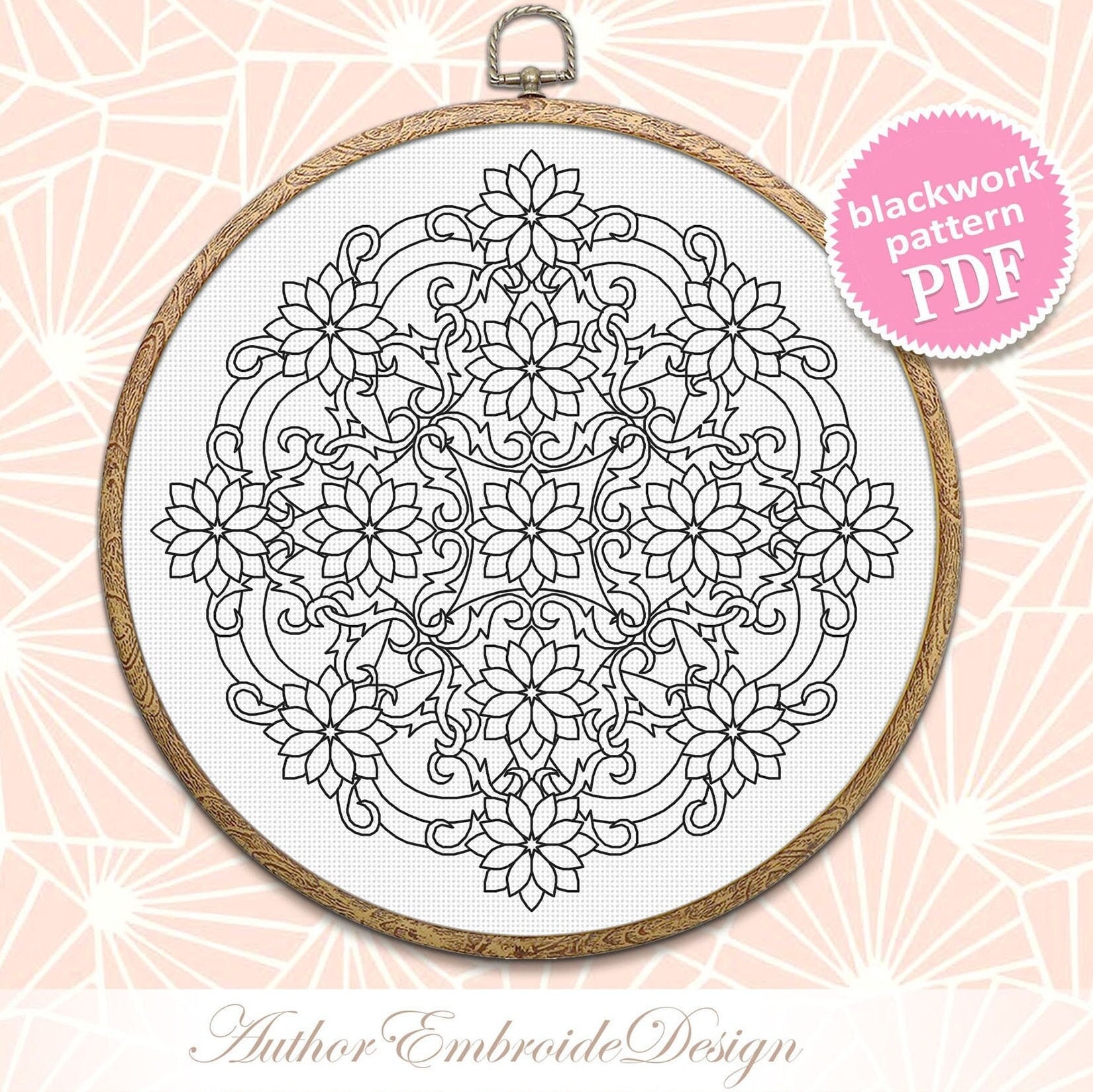 手刺繍用デジタル花曼荼羅パターン PDF 即時ダウンロード、シンプルな