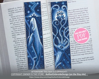 Ocean bookmark set cross stitch pattern download PDF Blue whale cross stitch, Kraken cross stitch Sea monster Handmade bookmark digital #B86