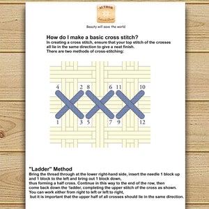 May include: Diagram showing two methods for creating a basic cross stitch. The image shows a grid with numbered squares and blue stitches forming crosses. The text explains the "Ladder" method for cross stitching.