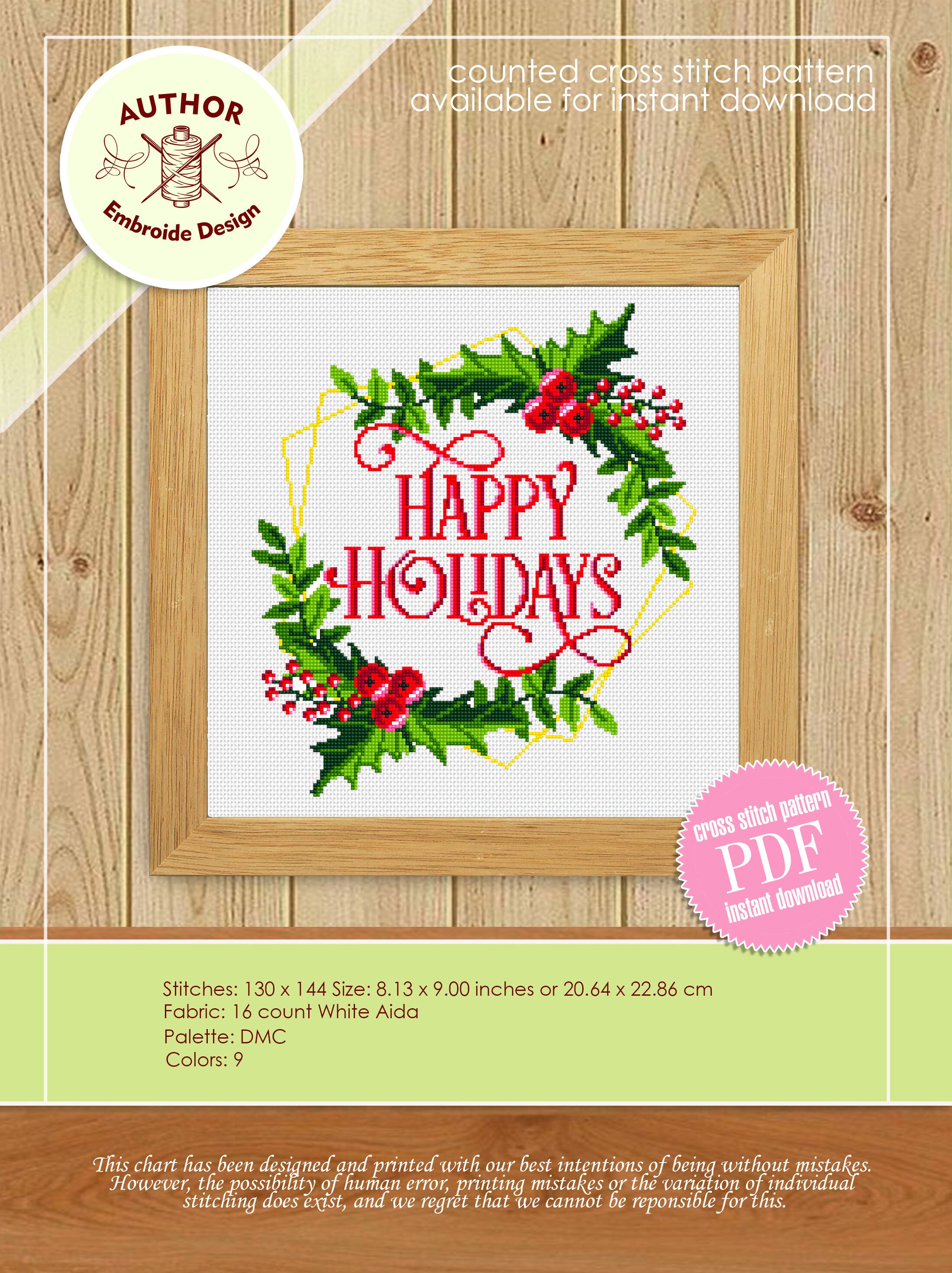 Christmas Holly Berry Wreath Cross Stitch Pattern PDF Happy