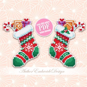 Christmas sock cross stitch pattern PDF download Double-sided Christmas tree decor for plastic canvas, Stockings cross stitch chart #N131