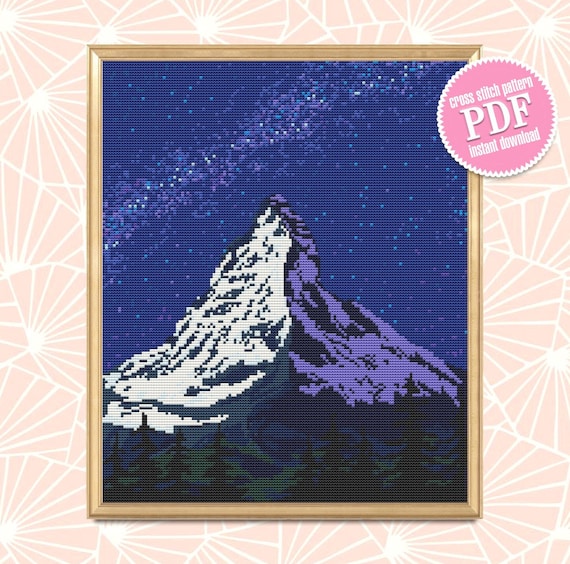 Mount Everest cross stitch pattern download PDF Mountain landscape cross stitch chart Nature beginner stitch Starry night sky digital #L32