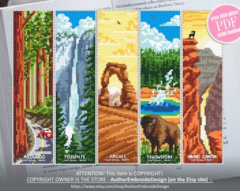 National Park bookmark set cross stitch pattern PDF download Nature cross stitch chart, Digital bookmark pattern PDF, Yellowstone art #B174