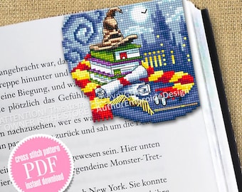 Corner bookmark cross stitch pattern PDF download Wizard school cross stitch chart, Magic bookmark pattern digital PDF Wizarding world #B358