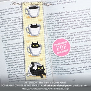 Cat bookmark cross stitch pattern download PDF Black cat cross stitch chart, Funny bookmark digital pattern PDF, Cat cup embroidery #B318