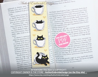 Marque-page chat point de croix, téléchargement PDF Grille de point de croix chat noir, marque-page rigolo, modèle numérique PDF, coupe chat broderie #B318