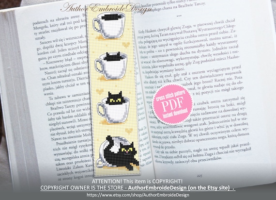 Cat bookmark cross stitch pattern download PDF Black cat cross stitch chart, Funny bookmark digital pattern PDF, Cat cup embroidery #B318