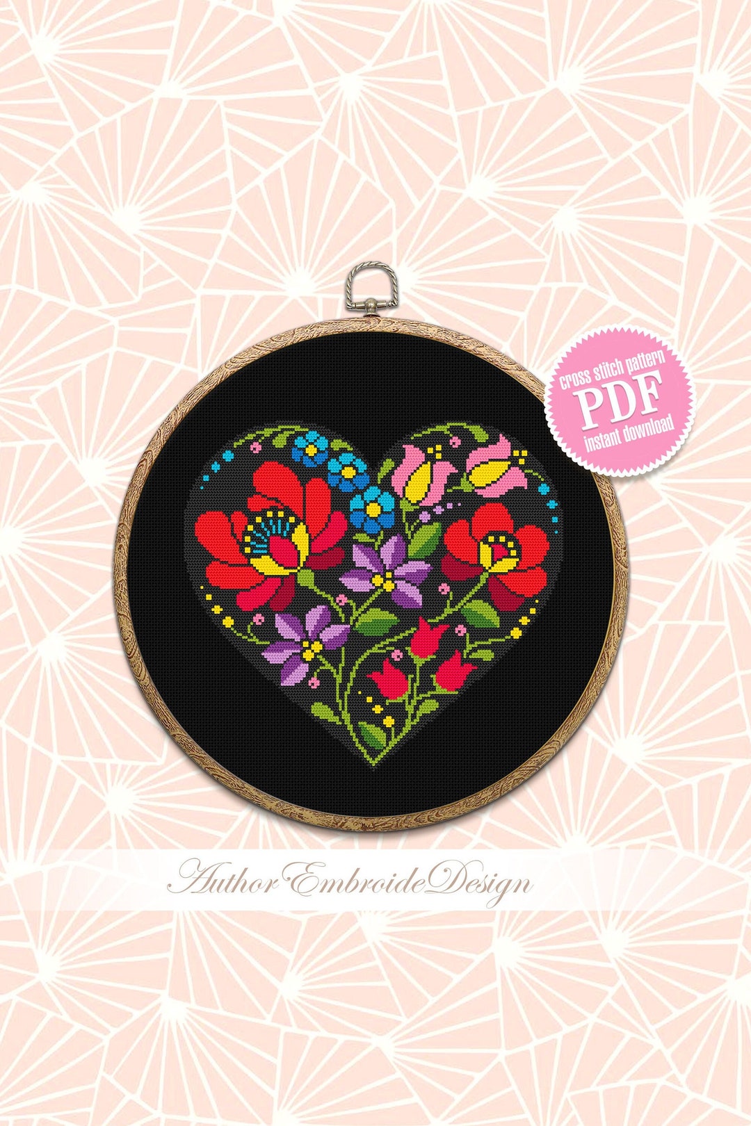Flower Heart Cross Stitch Pattern PDF Download Folk Flowers - Etsy