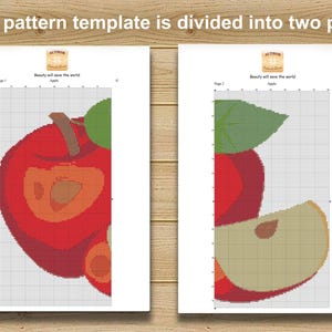 May include: Two cross-stitch pattern templates of a red apple with green leaves and a slice, on white paper. The text "Beauty will save the world" and "Apple" are visible. The pattern template is divided into two parts.
