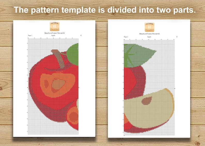 May include: Two cross-stitch pattern templates of a red apple with green leaves and a slice, on white paper. The text "Beauty will save the world" and "Apple" are visible. The pattern template is divided into two parts.