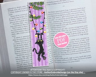 Christmas bookmark cross stitch pattern download PDF, Funny handmade bookmark digital PDF, Black cat cross stitch, Christmas garland #B95