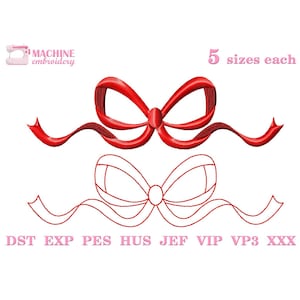 May include: Red and white embroidery design of a bow with a ribbon. The design is available in five sizes and in the following formats: DST, EXP, PES, HUS, JEF, VIP, VP3, XXX.