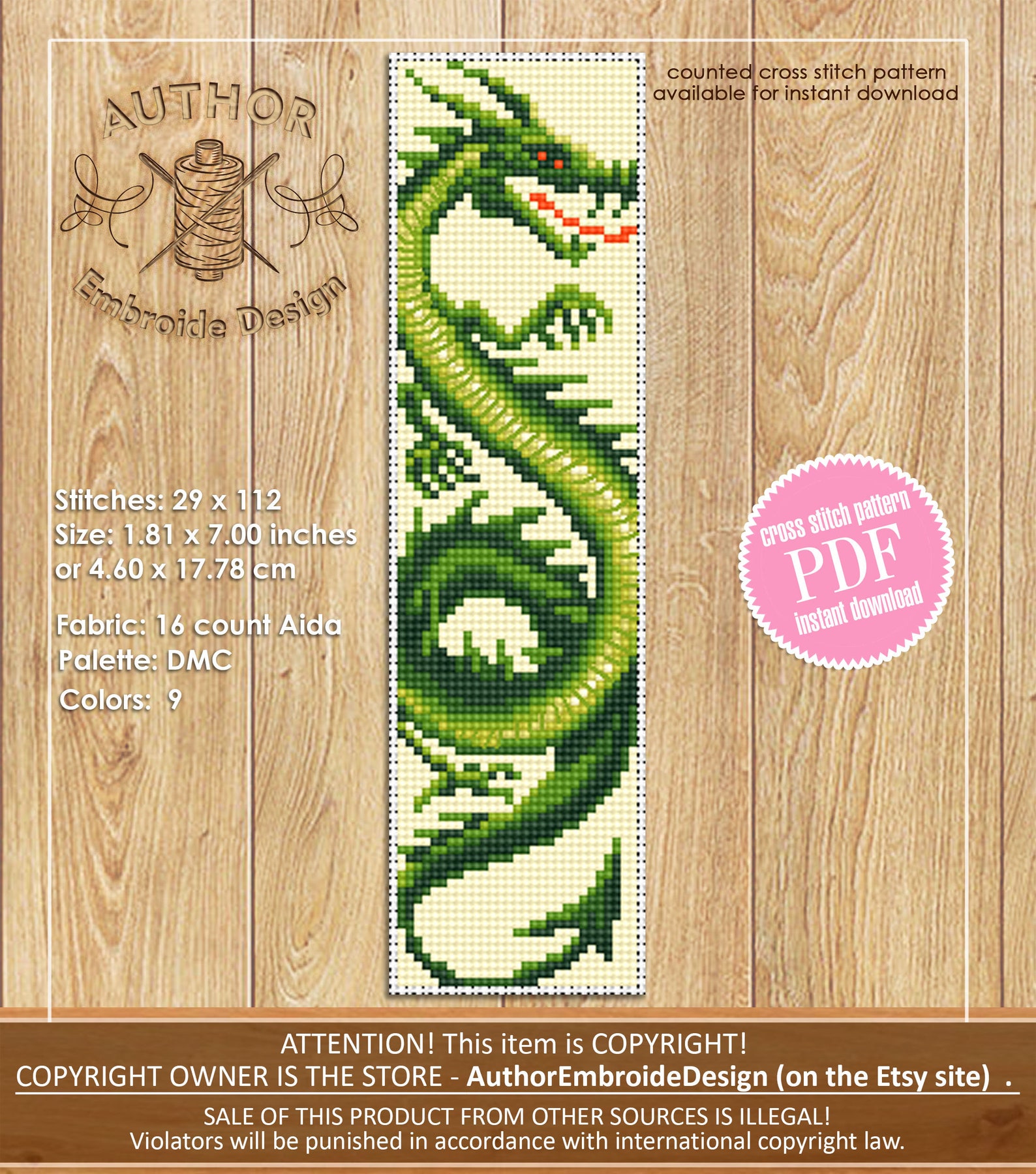 Dragon Bookmark Cross Stitch Pattern PDF Download Fantasy Green Dragon ...