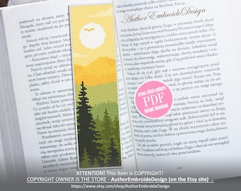Nature bookmark cross stitch pattern PDF instant download Sunset in forest cross stitch chart, Handmade bookmark pattern digital PDF #B511