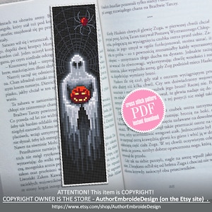 Spooky Halloween bookmark cross stitch pattern download PDF, Handmade bookmark pattern PDF, Ghost cross stitch chart, Gothic halloween #B82