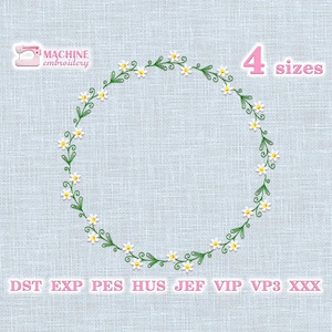 May include: An embroidery design featuring a circular wreath of white daisies with yellow centers and green leaves. The design is on a light blue textured background. The text "4 sizes" is in pink. The words "MACHINE embroidery" are in the upper left corner.