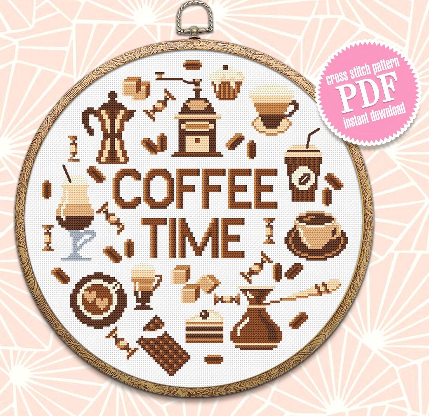 コーヒーの引用クロスステッチパターンのダウンロード PDF、コーヒー