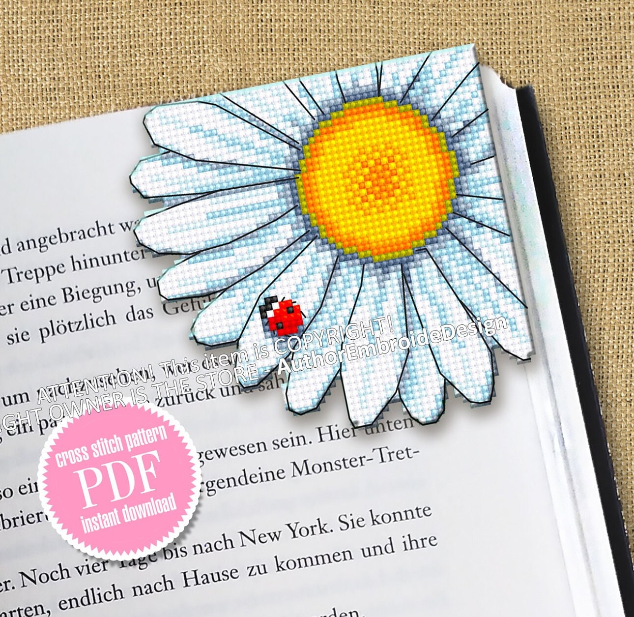 Corner bookmark cross stitch pattern PDF download Chamomile cross stitch chart, Flower bookmark pattern digital PDF Bookmark for women #B314