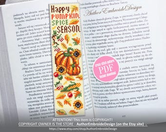 Fall bookmark cross stitch pattern PDF download Pumpkin season cross stitch chart, Autumn bookmark pattern digital PDF Book lover gift #B483