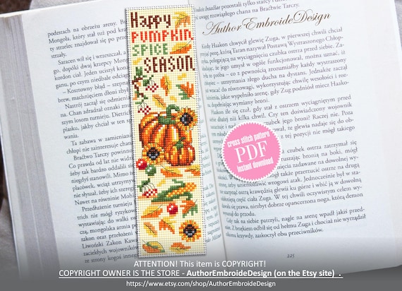 Fall bookmark cross stitch pattern PDF download Pumpkin season cross stitch chart, Autumn bookmark pattern digital PDF Book lover gift #B483