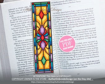 Stained glass bookmark cross stitch pattern PDF download Stained glass flower cross stitch chart, Modern bookmark pattern digital PDF #B296