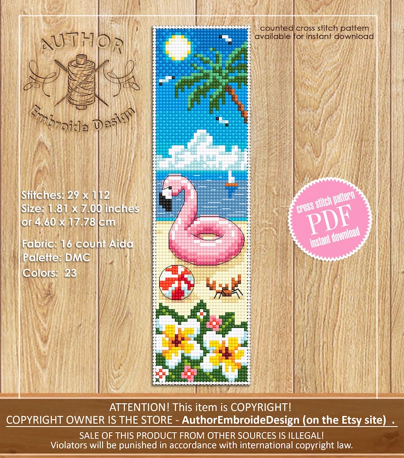 Beach Bookmark Cross Stitch Pattern PDF Download Inflatable Pink ...