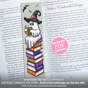 May include: A cross stitch pattern featuring a white ghost reading a book while sitting on a stack of colourful books. The pattern is labelled "Cross Stitch Pattern PDF Instant Download".