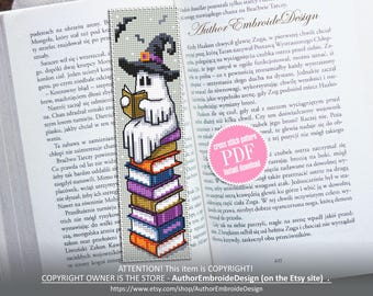 Witch ghost bookmark cross stitch pattern PDF download Reading ghost cross stitch chart, Cute Halloween bookmark pattern digital PDF #B365