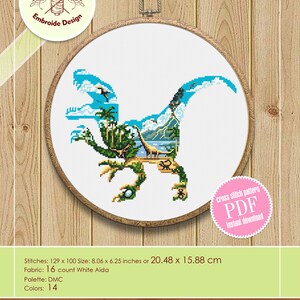 May include: Counted cross stitch pattern of a blue dinosaur with a jungle scene inside its silhouette. The pattern is available for instant download as a PDF file. The pattern is 129 stitches by 100 stitches and measures 8.06 inches by 6.25 inches or 20.48 cm by 15.88 cm. It uses 16 count white Aida fabric and 14 DMC colors.