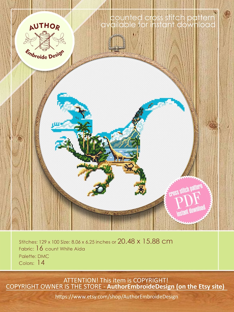 May include: Counted cross stitch pattern of a blue dinosaur with a jungle scene inside its silhouette. The pattern is available for instant download as a PDF file. The pattern is 129 stitches by 100 stitches and measures 8.06 inches by 6.25 inches or 20.48 cm by 15.88 cm. It uses 16 count white Aida fabric and 14 DMC colors.