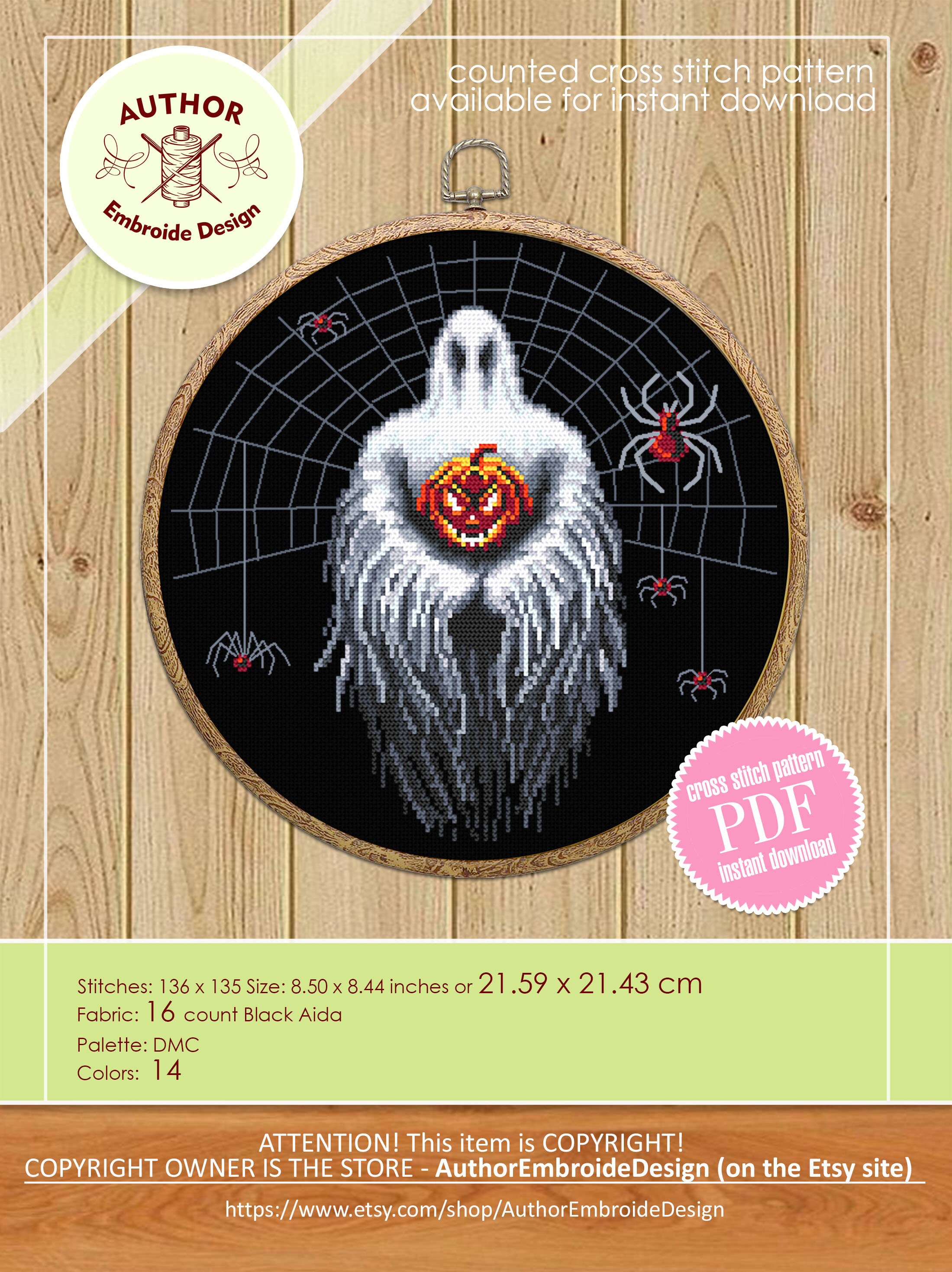 Gothic Halloween Cross Stitch Pattern Download PDF, Spooky Ghost Cross ...