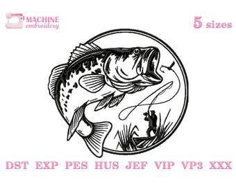 Bass fishing embroidery file instant download Fish machine embroidery pattern 5 size, Monochrome fish embroidery design, Fishing gift #R27