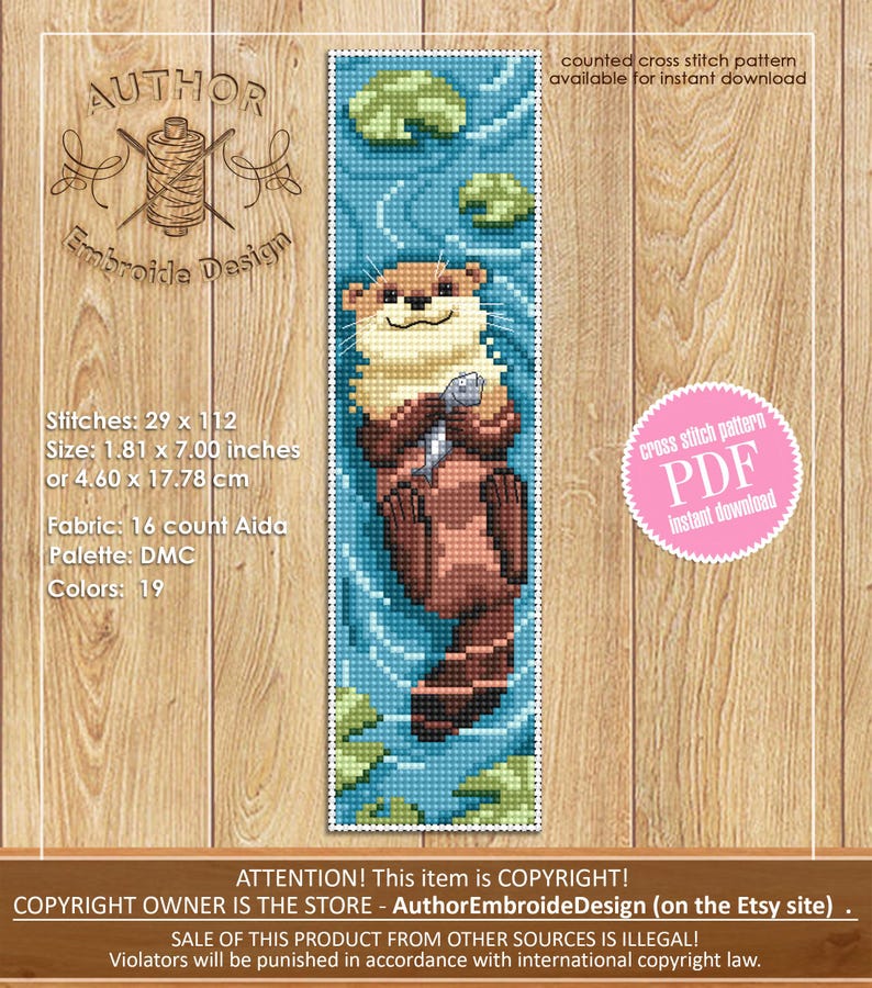 May include: A cross-stitch pattern featuring an otter holding a fish, set against a blue water background with lily pads. The design measures 1.81 x 7.00 inches. The text says "counted cross stitch pattern available for instant download".