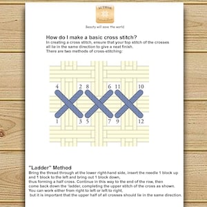 Puede incluir: Diagrama que muestra dos m&eacute;todos para crear un punto de cruz b&aacute;sico. La imagen muestra una cuadr&iacute;cula con cuadrados numerados y puntos azules que forman cruces. El texto explica el m&eacute;todo "Ladder" para el punto de cruz.