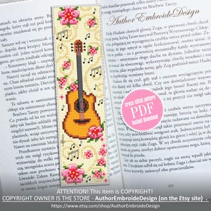 May include: A cross stitch pattern bookmark featuring a yellow acoustic guitar with a floral design. The bookmark is on a white background with pink and yellow flowers. The text "cross stitch pattern PDF instant download" is on a pink circle.